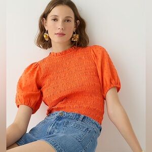 J. Crew Bright Orange Smocked Polka Dot Top